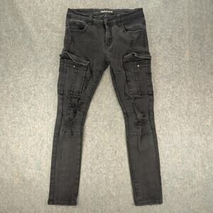 Smugglers Moon Jeans Mens 34x33 Black Cargo Skinny Distressed Denim Pants